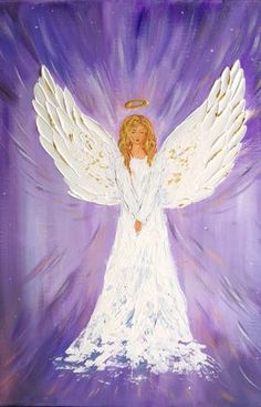 an angel painting with purple background and white wings