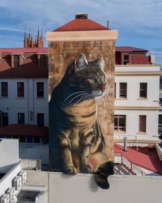 a cat painted on the side of a building in front of a cityscape