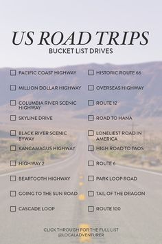 the road trip checklist is shown with an image of a highway and mountains in the background