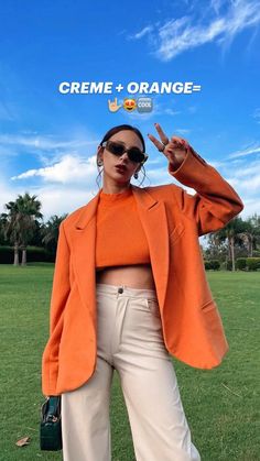 Orange Combo Outfit, Beige And Orange Outfit, Orange Fashion Outfits, Orange And White Outfits, Bold Color Outfits, Spring Outfits Colorful, Pop Of Color Outfits, Ropa Color Neon, Orange Shirt Outfit