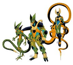 two green and yellow dragon like creatures standing next to each other on a white background