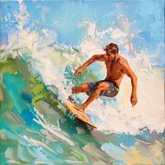 a painting of a man riding a wave on a surfboard