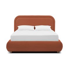 a bed with an orange headboard and two pillows on it's sides, in front of a white background