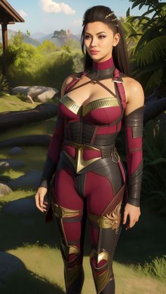 a woman in a red and gold outfit standing next to a tree with her hands on her hips