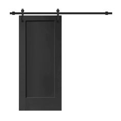 an open sliding door with black hardware on the top and bottom, against a white background