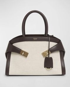 Get free shipping on Ferragamo Hug Kuban Canvas Top-Handle Bag at Neiman Marcus. Shop the latest luxury fashions from top designers. Salvatore Ferragamo Bags, Ladies Clutch, Birkin Bag, Yellow Bag, Types Of Bag, Looks Chic