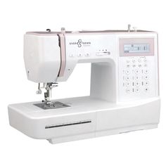 the sewing machine is white and has pink trimmings on it's side