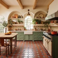 a kitchen with green cabinets and tile flooring, potted plants on the shelves