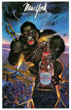 an advertisement for new york beer with a gorilla holding a beer bottle in his hand