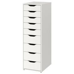 a tall white cabinet with five drawers on each side and four black bins at the bottom