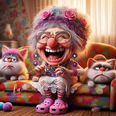 an old woman sitting on top of a couch next to two cats wearing pink shoes