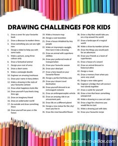 a poster with colored pencils and the words drawing challenges for kids written on it