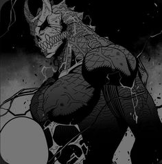 a black and white drawing of a demon with horns on it's head, in front of a dark background