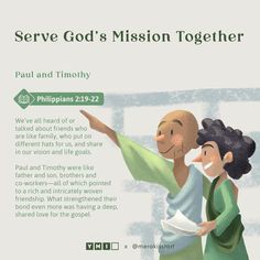 an image of two people pointing at each other with the words serve god's mission together