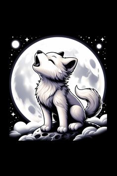 Cute White Wolf Howling On The Moon T-Shirt Cute Wolf Pictures, Wolf Pictures Wallpaper, Wolf Images Spirit Animal, Moon Wolf Wallpaper, Wolf Drawings Easy, White Wolf Wallpaper, Cartoon Wolf Drawing, White Wolf Art, Animals At Night