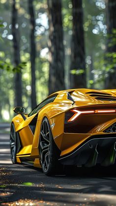 a yellow sports car is parked in the woods