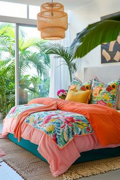 a bed with colorful comforters and pillows in a bedroom next to a large window