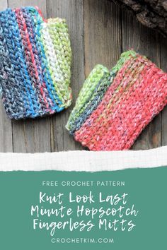 four knitted fingerless mitts with text overlay that reads free crochet pattern