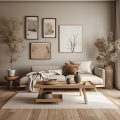 a living room filled with furniture and pictures on the wall above it's coffee table