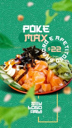 a plate full of different types of food on a green tablecloth with the words poke mark