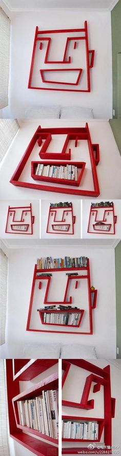 the shelves are made out of bookshelves and have been painted red with white paint