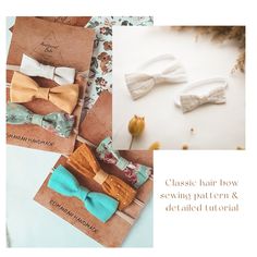 several different types of bow ties are shown in this image and the text below reads, classic hair how sewing pattern & detailed