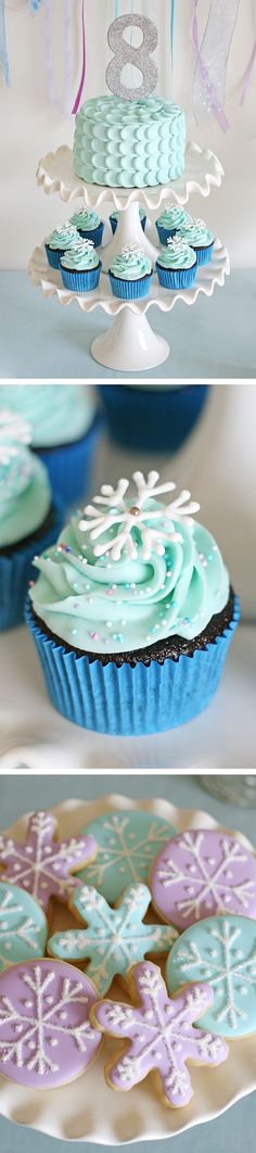 cupcakes with frosting and icing are displayed in three different pictures, one is