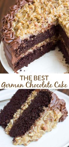 the best homemade german chocolate cake is cut in half and ready to be served on the table