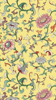 a yellow background with colorful flowers and vines on the bottom right corner is an ornate design