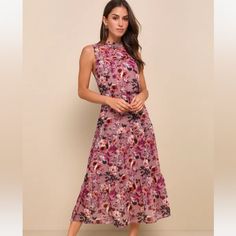This Dress Has Never Been Worn, Comes With Tags! Lightweight Woven Chiffon, In A Mauve, Purple, Pink, Black, And White Floral Print, Shapes A Mock Neck, Sheer Decolletage, And Relaxed, Sleeveless Bodice. Elasticized Waist Tops A Full, Tiered Midi Skirt. Back Keyhole With Top Buttons. Lined To Mid-Thigh. *Open To Offers* - Shell: 100% Polyester. Lining: 100% Polyester Mid Length Floral Dress, Womens Midi Dress, Mauve Floral Bridesmaid Dress, Cats Wedding, Mauve Midi Dress, Dresses Business Casual, Tiered Midi Skirt, In My Dreams, Mid Calf Dresses