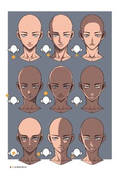 an animation character's head is shown with different facial shapes and hair color options