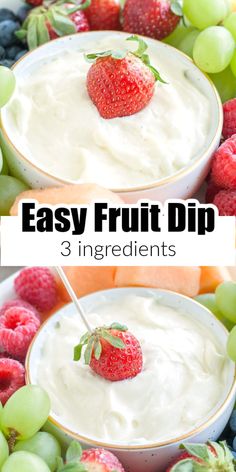 Bowl of cream cheese dip with a strawberry. Essen, Fruit Dip Recipe, Easy Fruit Dip, Cream Cheese Fruit Dip, Fruit Dips Recipes, Sweet Dips, Dip Recipes Easy, Dessert Dips, Fruit Dip