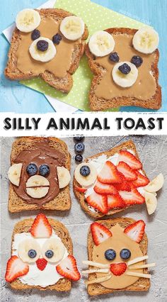 toasted sandwiches with peanut butter, strawberries and blueberries on them that look like animals