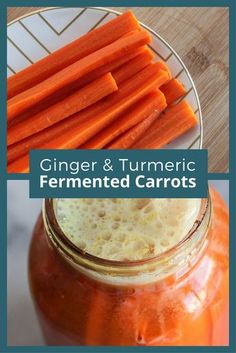 a jar filled with carrots sitting on top of a table next to a plate