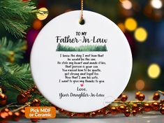 a christmas ornament with the poem to my father - in - law on it