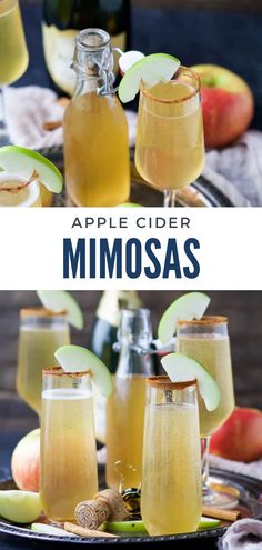 apple cider mimosas with apples and cinnamon on the side