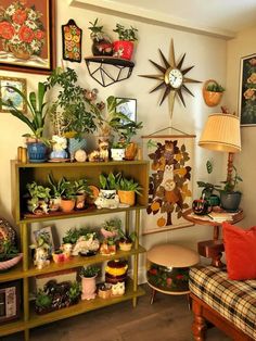 a living room filled with lots of potted plants next to a wall mounted clock