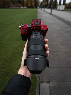 a person holding up a camera in front of a grassy area with trees on the other side