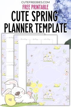 the cute spring planner template is shown with flowers and blue hydrants in the background