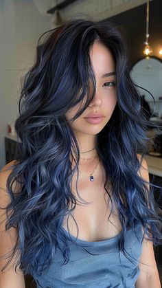 24 Blue Black Hair Ideas for a Touch of Mystery Jet Black Hair With Highlights Blue, Black And Midnight Blue Hair, Dark Blue Hair With Black Highlights, Blue And Black Balayage, Midnight Dark Blue Hair Curly, Midnight Blue And Black Hair, Moonlight Blue Hair, Midnight Blue Hair Aesthetic, Black Blue Balayage