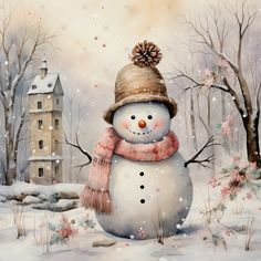 a painting of a snowman wearing a hat and scarf