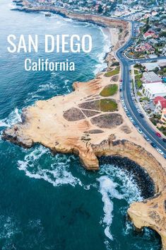 an aerial view of the ocean and coastline in san diego, california with text overlay