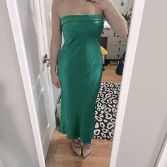 This Dress Is Super Cute And Comfortable. I Just Purchased It But Unfortunately It’s Slightly Too Big On Me So Had To Order A Size Down. The Color Is So Pretty And The Texture Is Different Than The Usual “Satin” Gown. It Has A Crinkly Effect That’s Actually Great Because Satin Usually Looks Wrinkled Fast And This Helps Against That. New With Tags, Never Worn.. Only For These Pictures. The Website States There’s No Stretch But I Feel There Is A Bit. Would Look Super Cute With Nude/Gold Or Black S Spring Summer Wedding, Runaway The Label, Black Strappy Heels, Emerald Color, Satin Gown, Running Away, Strappy Heels, The Label, Summer Wedding