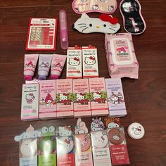 hello kitty products are laid out on the floor