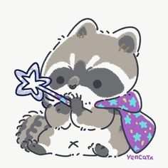 a drawing of a raccoon playing with a star on its tail and holding a wand