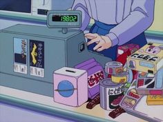 a cartoon character standing in front of a counter filled with food and condiments