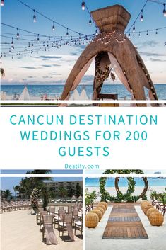 an outdoor wedding venue with wooden chairs and string lights hanging from the ceiling, along with text overlay that reads cancun destination wedding for 200 guests