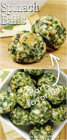 spinach balls in a white bowl with the words party favorite on top and bottom