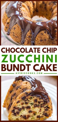 chocolate chip zucchini bundt cake on a white plate with text overlay