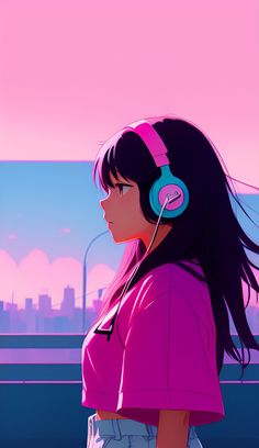 a girl with headphones looking out at the city